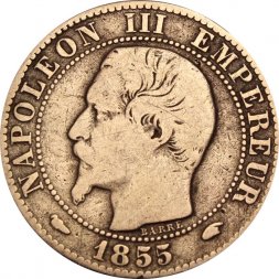 Франция 5 сантимов 1855 год (A и голова собаки)