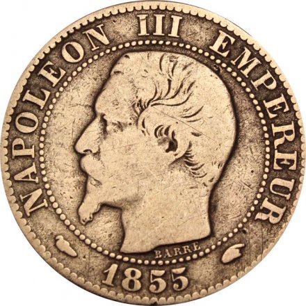 Франция 5 сантимов 1855 год (A и голова собаки)