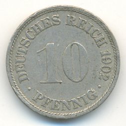 Германия 10 пфеннигов 1902 год (F)