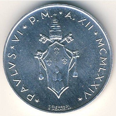 Ватикан 5 лир 1974 год