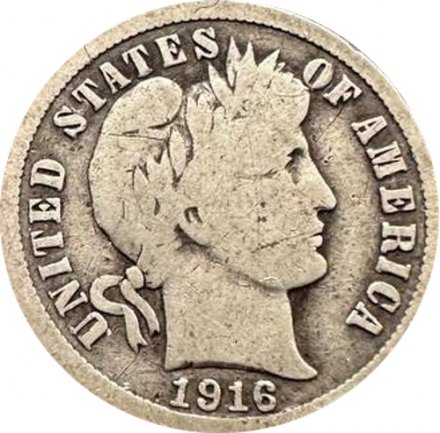 США 1 дайм (10 центов) 1916 год - Barber Dime (без отметки МД)