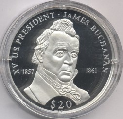 Монета Либерия 20 долларов 2000 год - Джеймс Бьюкенен