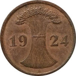 Монета Веймарская республика 2 рентенпфеннига 1924 год (A)