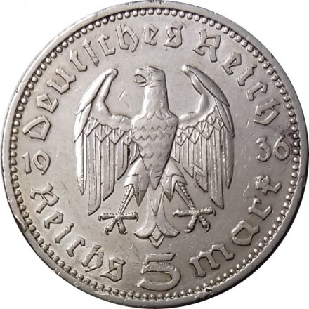 Третий Рейх 5 рейхсмарок 1936 год (A) без свастики
