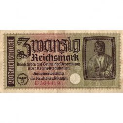 Германия 20 рейхсмарок 1939-1945 годов выпуска - Немецкие оккупационные территории - VF+