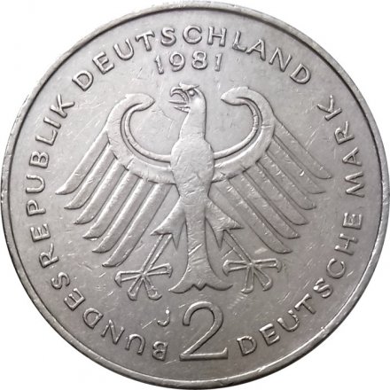 ФРГ 2 марки 1981 год (J) - Конрад Аденауэр, 20 лет Федеративной Республике (1949-1969)
