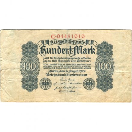 Веймарская Республика 100 марок 1922 год - F