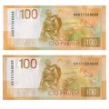 Набор из двух банкнот Россия 100 рублей 2022 год АА051368888, АА151368888 - UNC 