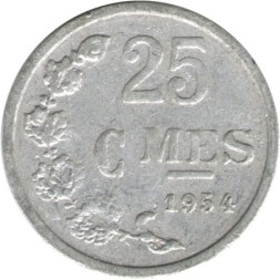 Люксембург 25 сантимов 1954 год - Монетное отношение аверс/реверс (180°)