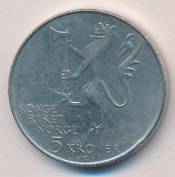 Монета Норвегия 5 крон 1978 год - 350 лет норвежской армии. Меч