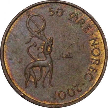 Норвегия 50 эре 2001 год (без отметки &quot;Звезда&quot; справа от инициалов &quot;JJE&quot; под короной)