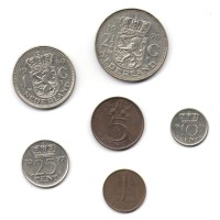 Набор из 6 монет Нидерланды 1966-1980 год - Королева Юлиана