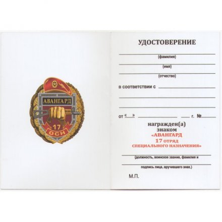 Знак 17 ОСН &quot;Авангард&quot;, с удостоверением