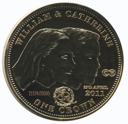 Монета Тристан-да-Кунья 1 крона 2011 год - Уильям и Кэтрин (позолота)