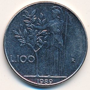 Италия 100 лир 1989 год - Минерва