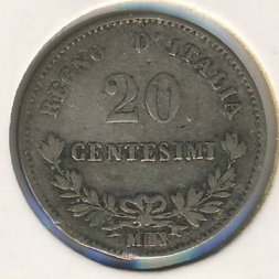 Италия 20 чентезимо 1863 год