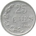 Люксембург 25 сантимов 1960 год (Монетное отношение аверс/реверс (180°))