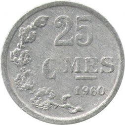 Люксембург 25 сантимов 1960 год (Монетное отношение аверс/реверс (180°))