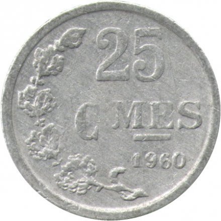 Люксембург 25 сантимов 1960 год (Монетное отношение аверс/реверс (180°))