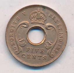 Монета Восточная Африка 5 центов 1924 год
