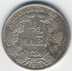 Германия 1/2 марки 1913 год (А)