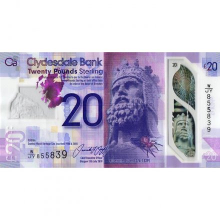 Шотландия 20 фунтов 2019 год - Роберт Брюс - Clydesdale Bank - VF+