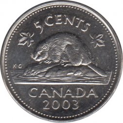 Канада 5 центов 2003 год (новый профиль Елизаветы II, отметка МД "P")