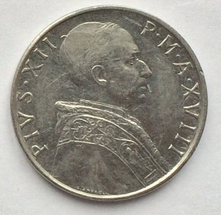 Ватикан 50 лир 1956 год Папа Пий XII