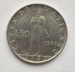 Ватикан 50 лир 1956 год Папа Пий XII