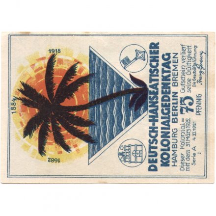 Германия (Нотгельд) 75 пфеннигов 1922 - Африканские колонии Германии - XF