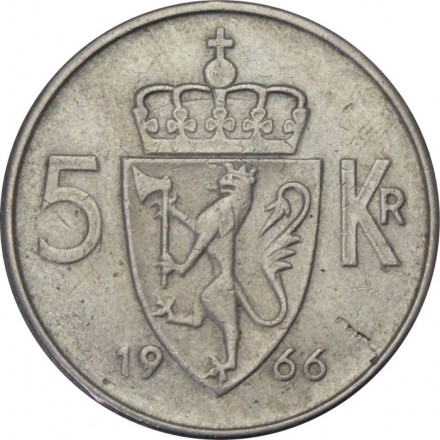 Норвегия 5 крон 1966 год - Король Улаф V