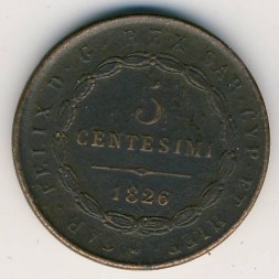 Монета Сардиния 5 чентезимо 1826 год (Отметка монетного двора: "Якорь", "P" - Генуя, Андреа Подеста)