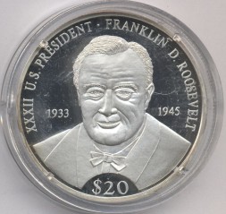 Монета Либерия 20 долларов 2000 год - Франклин Рузвельт