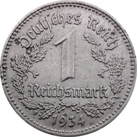 Третий Рейх 1 рейхсмарка 1934 год (D) - VF