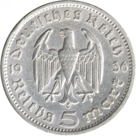 Третий Рейх 5 рейхсмарок 1936 год (Орел без свастики, G)