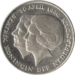 Монета Нидерланды 2 1/2 гульдена 1980 год - Коронация королевы Беатрикс