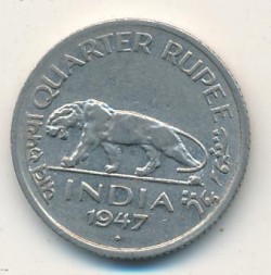 Монета Британская Индия 1/4 рупии 1947 год - Король Георг VI