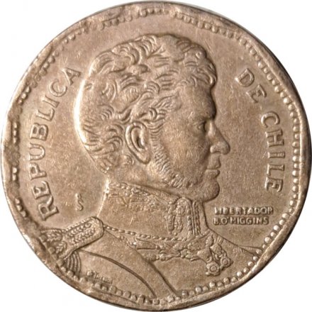 Чили 50 песо 2008 год - Бернардо О’Хиггинс (правильная надпись &quot;CHILE&quot;, Надпись &quot;R.Thenot&quot;)
