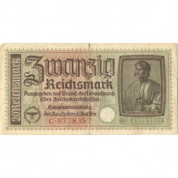 Германия 20 рейхсмарок 1939-1945 годов выпуска - Немецкие оккупационные территории - F+ (надрывы)