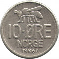 Норвегия 10 эре 1967 год - Король Улаф V. Пчела