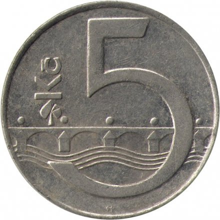 Чехия 5 крон 1994 год - Герб (отметка МД: &quot;кленовый лист&quot; - Виннипег, Канада)