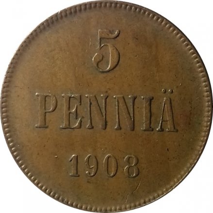 Финляндия 5 пенни 1908 год - XF