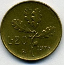 Италия 20 лир 1975 год