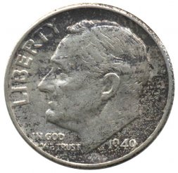 США 1 дайм (10 центов) 1949 год - Рузвельт (без отметки МД)