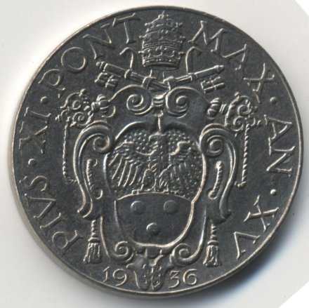 Ватикан 2 лиры 1936 год Папа Пий XI
