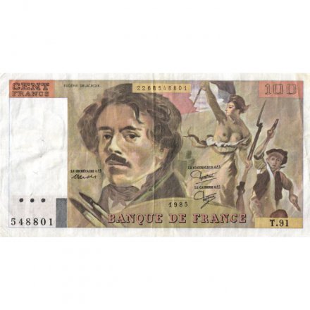 Франция 100 франков 1985 год - след от степлера - VF