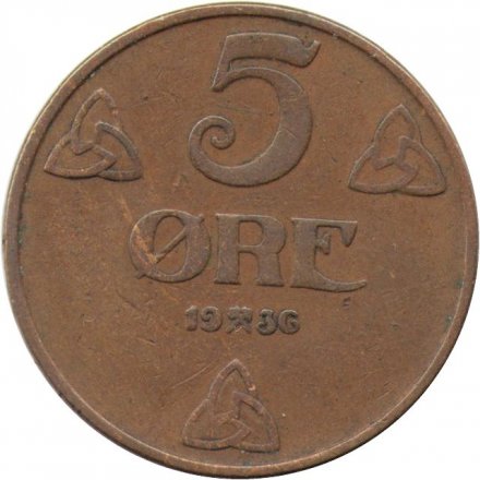 Норвегия 5 эре 1936 год - Король Хокон VII