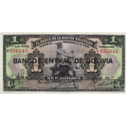 Боливия 1 боливиано 1911 год - надпечатка - UNC