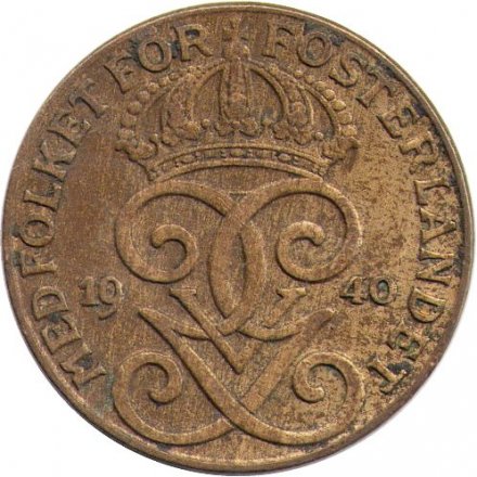 Швеция 2 эре 1940 год - Король Густав V