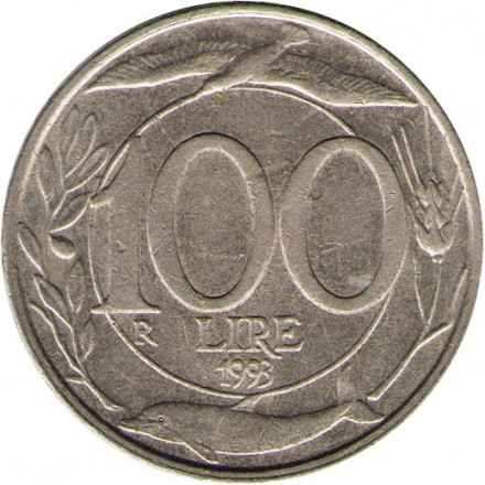 Италия 100 лир 1993 год (большая голова, &quot;L.CRETARA&quot; около гурта)